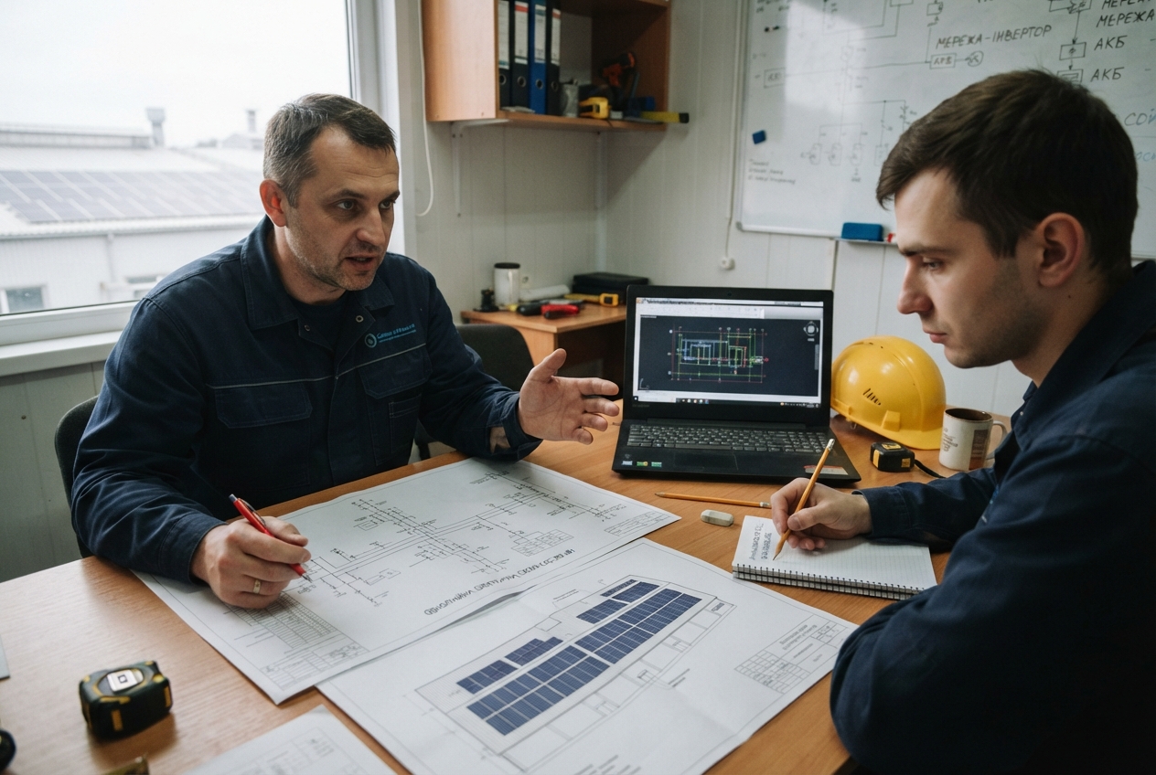Інженери опрацьовують проєкт сонячної електростанції для підприємства